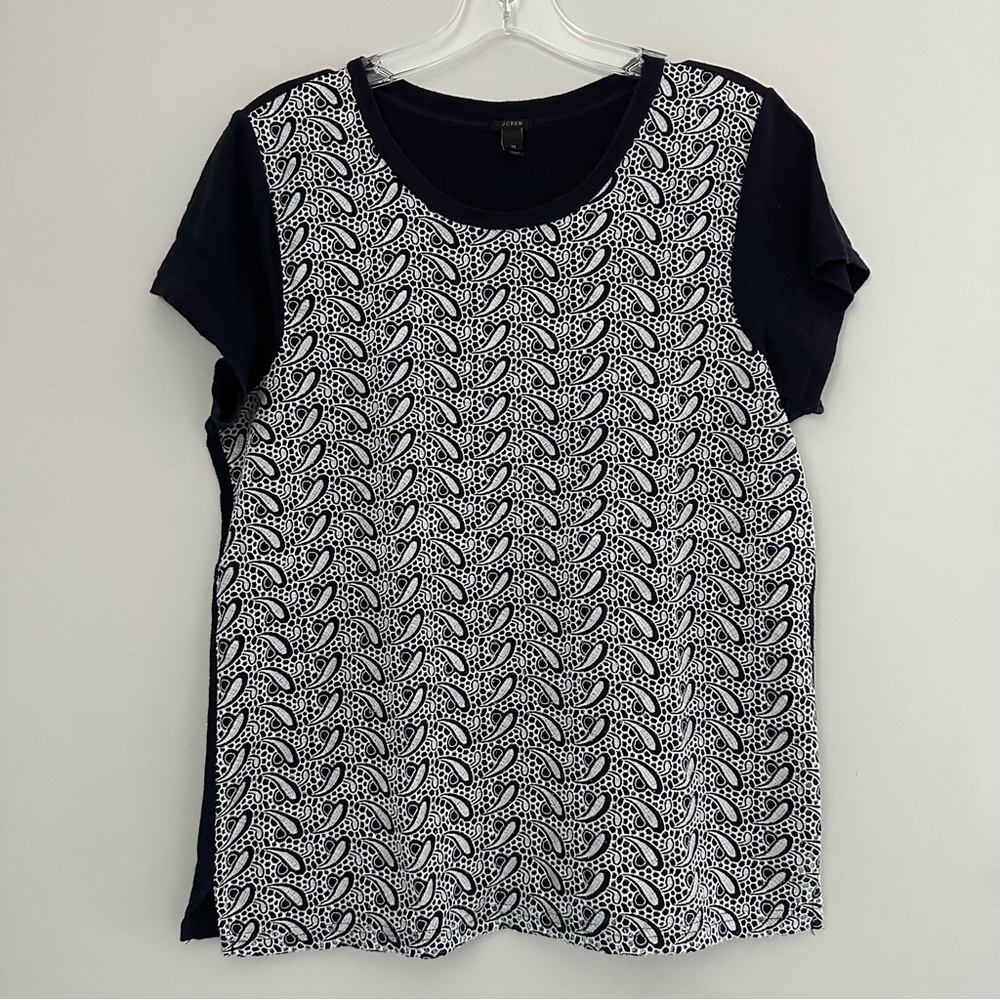 J. Crew Navy and White Patterned Paisley style Short Sleeve Cotton Shirt